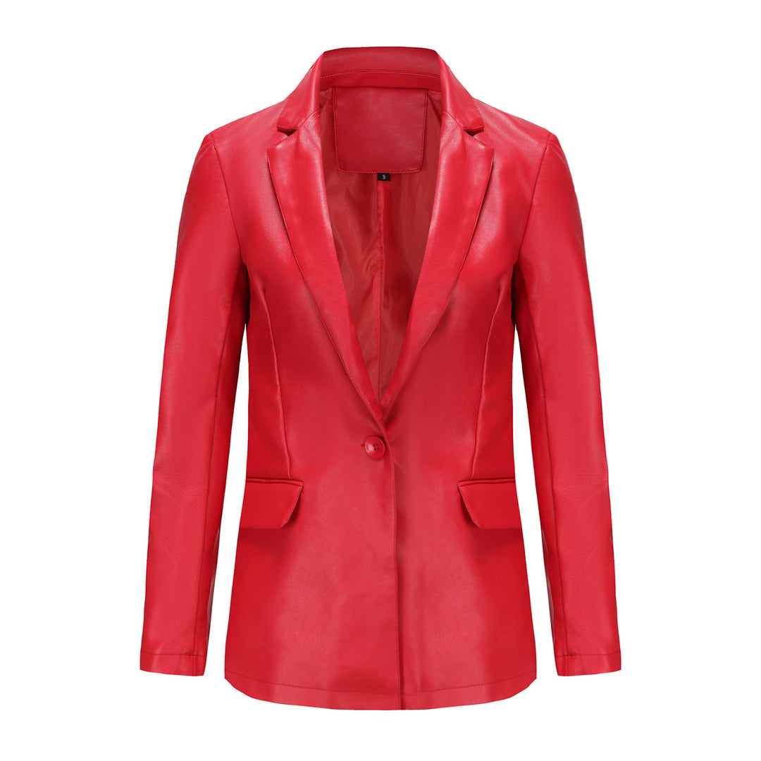 Damen nan taillierter Blazer aus Kunstleder mit Reverskragen und Pattentaschen Drune