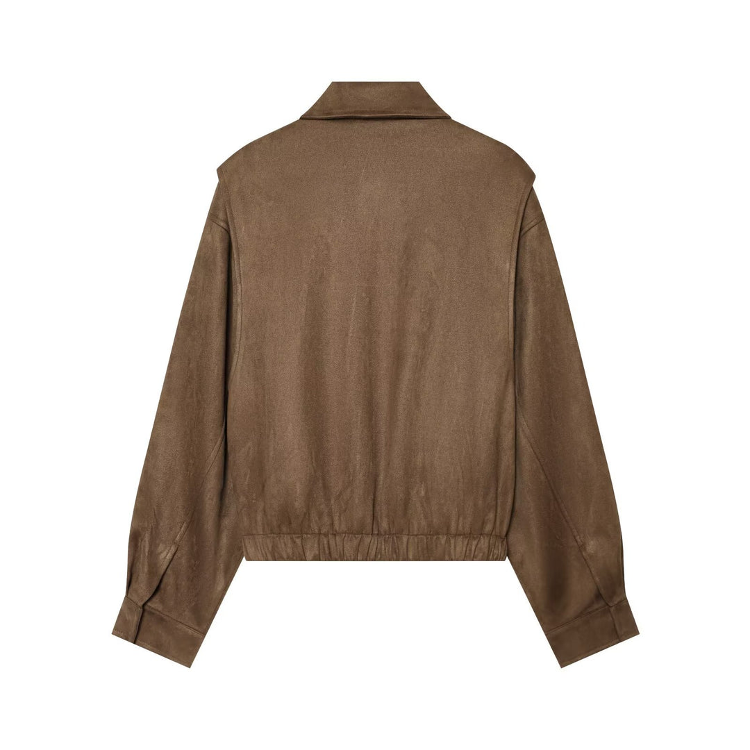 Damen Kurzer Boxy‑Blouson in Velourslederoptik mit Pattentaschen Drune