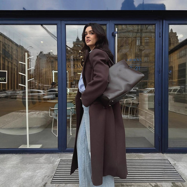 Damen Langmantel mit geradem Schnitt, kaschierendem Oversize-Revers und Eingrifftaschen Drune