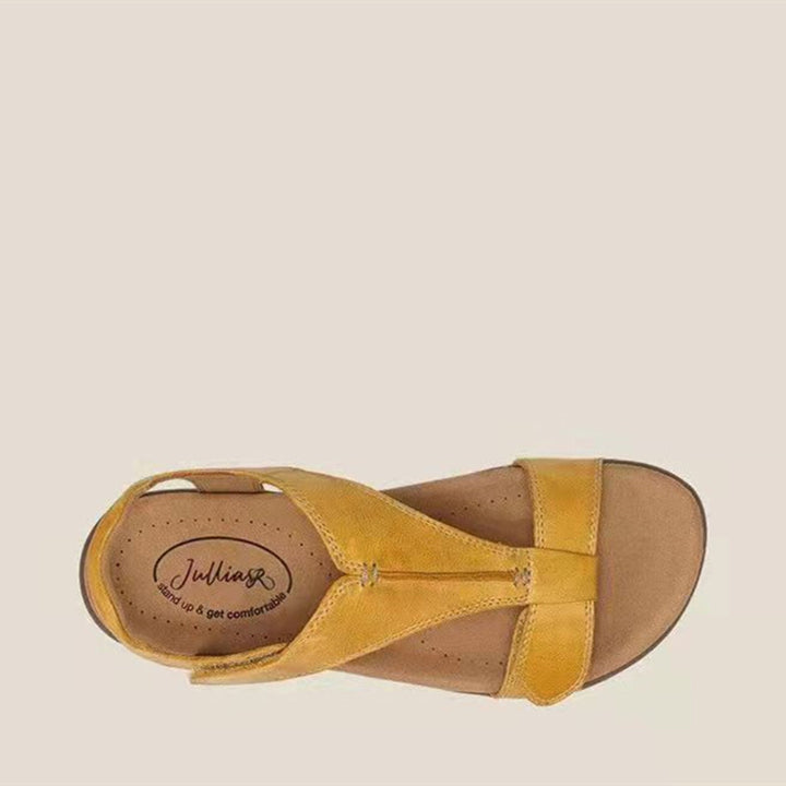 Damen Bequeme Flache Sandalen mit ergonomischem Kork‑Komfortfußbett und Klettverschluss Drune