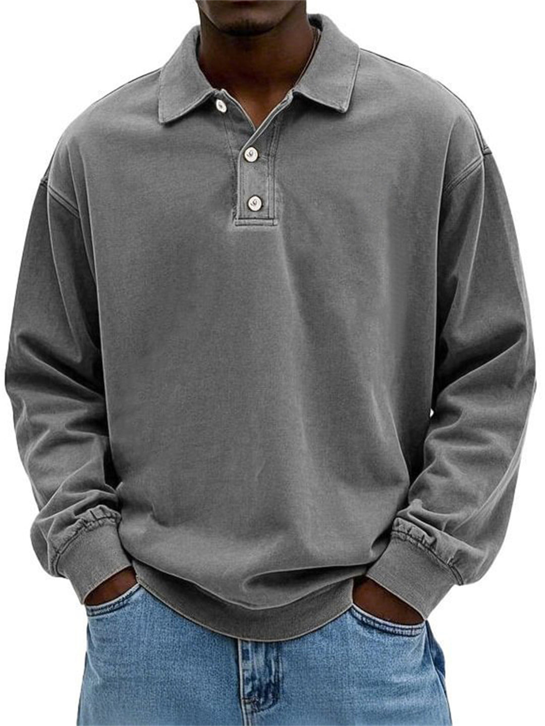 Herren Oversize Denim-Look Polo-Sweatshirt mit kurzer Knopfleiste und elastischen Bündchen EB