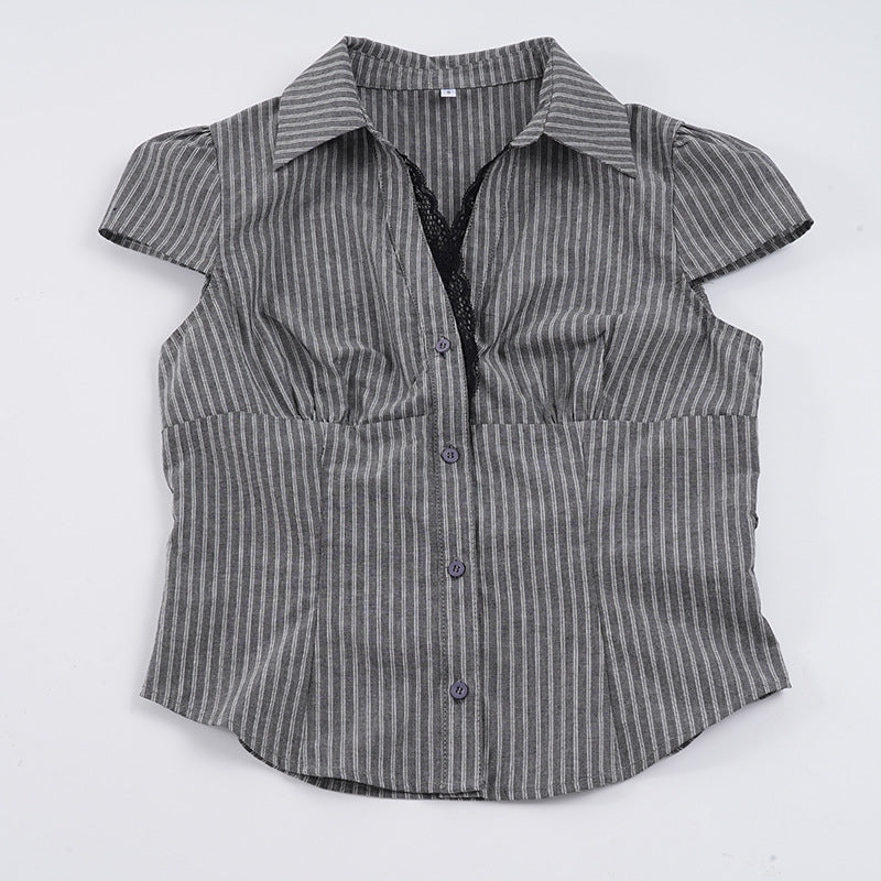 Damen elegantes Blusenshirt mit raffinierten Spitzenakzenten und modischem Streifenmuster Drune