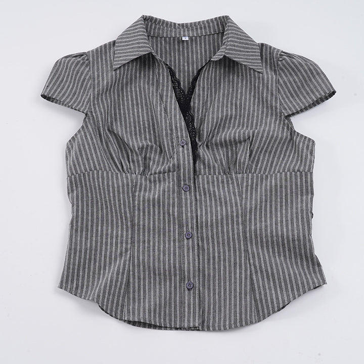 Damen elegantes Blusenshirt mit raffinierten Spitzenakzenten und modischem Streifenmuster Drune