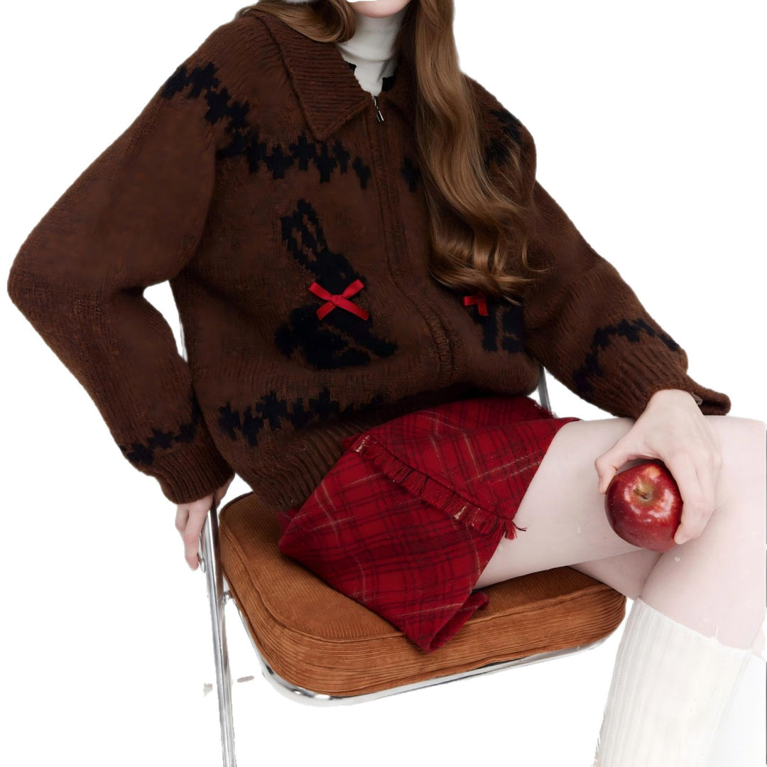 Damen Strickjacke mit tierischem Motiv und dekorativen Schleifen Drune