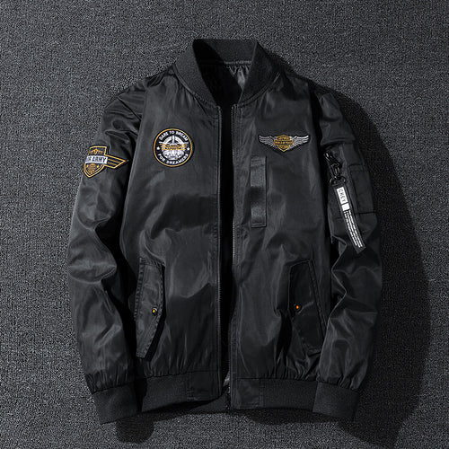 Men's  vintage aviation patch lightweight flight bomber jacket with ribbed collar and zip sleeve pocket Drune