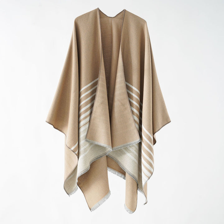 Damen Oversize-Ruana‑Überwurf aus Kaschmir‑Touch Wollmix mit Fransensaum und Streifendetail Drune