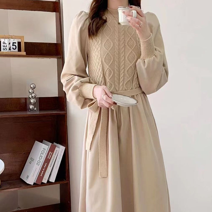 Damen Strickkleid mit strukturiertem Oberteil und Puffärmeln Drune