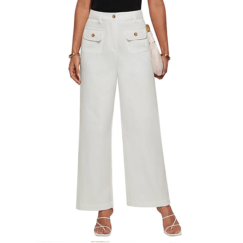 Hochtaillierte Damen-Trousers mit weitem Bein und Knopfklappen-Pattentaschen Drune