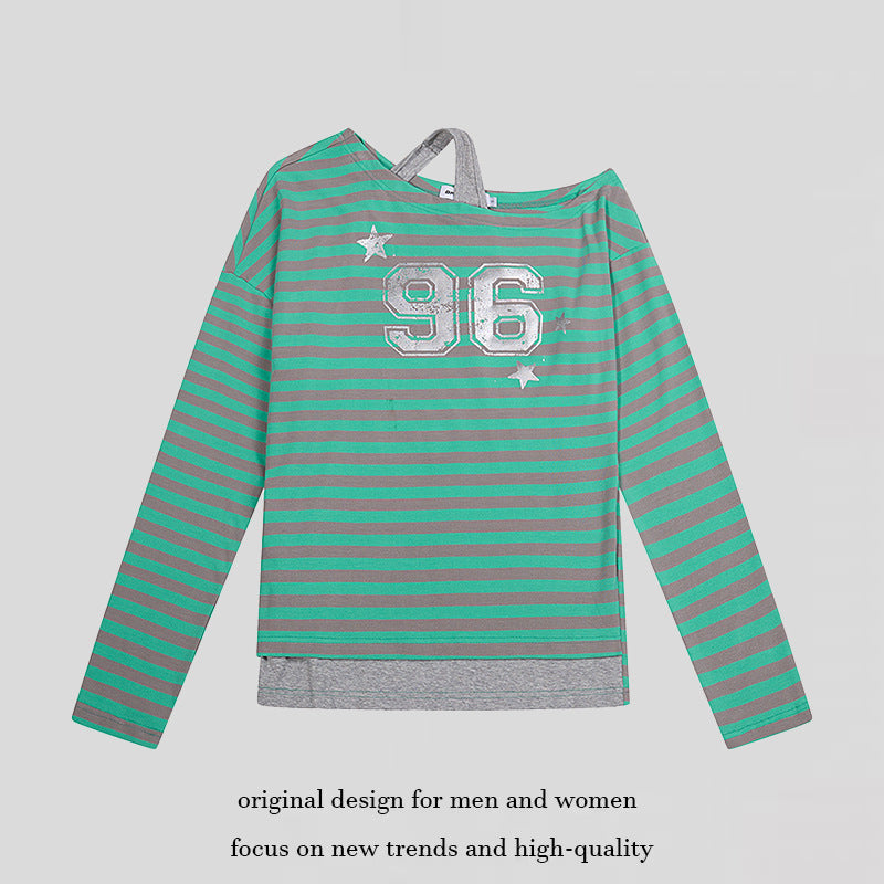 Damen Gestreiftes Langarmshirt mit asymmetrischem Ausschnitt, Lagenoptik und Metallic-Print Drune