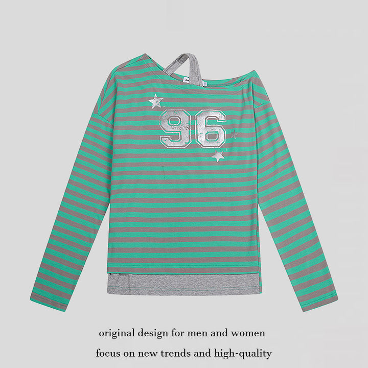Damen Gestreiftes Langarmshirt mit asymmetrischem Ausschnitt, Lagenoptik und Metallic-Print Drune