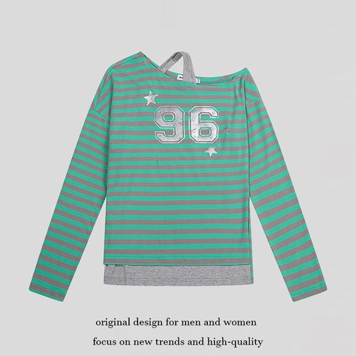 Damen Gestreiftes Langarmshirt mit asymmetrischem Ausschnitt, Lagenoptik und Metallic-Print Drune