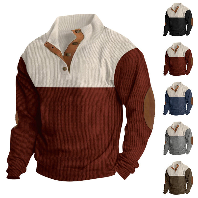Herren nan gerippter Pullover mit Stehkragen, Knopfleiste und Ellbogen-Patches Drune