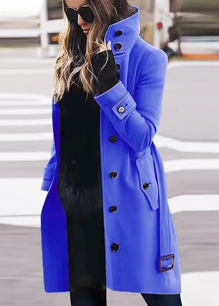 Damen Doppelreihiger Trenchcoat mit hohem Stehkragen, Taillengürtel und Manschetten-Detail Drune