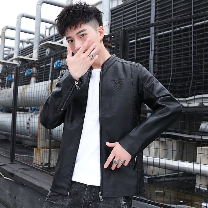 Herren Schlanker Kunstleder‑Moto‑Blouson mit Stehkragen und Reißverschlussärmeln Drune