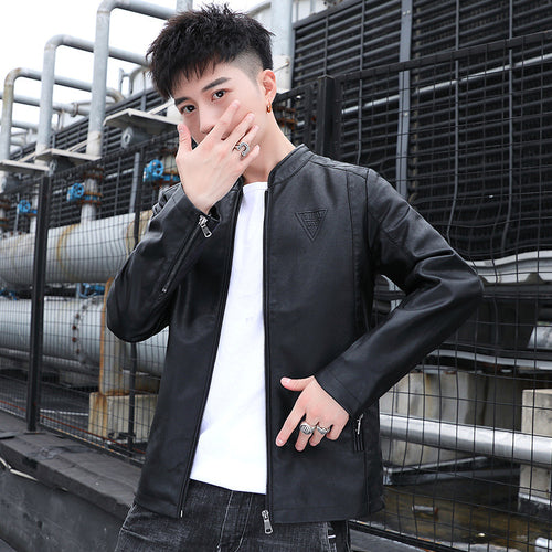 Herren Schlanker Kunstleder‑Moto‑Blouson mit Stehkragen und Reißverschlussärmeln Drune