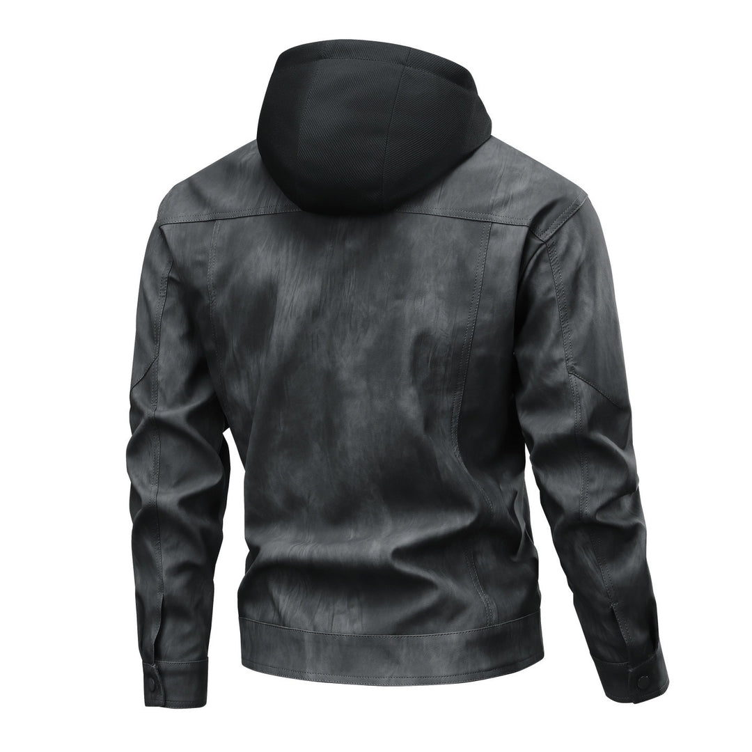 Herren Modische Kunstlederjacke mit Hoodie Drune
