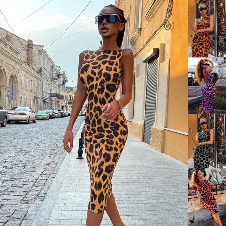 Drune Damen figurbetontes Kleid mit modischem Leopardenmuster und schulterfreier Optik