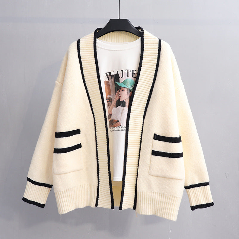 Damen lässiger Strickjacke mit großen Taschen und Kontrastdetails Drune