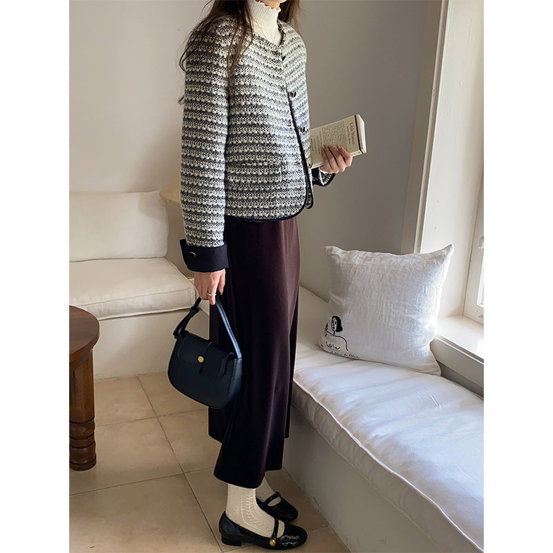 Damen modische Jacke im Tweed-Look mit Rundhalsausschnitt Drune