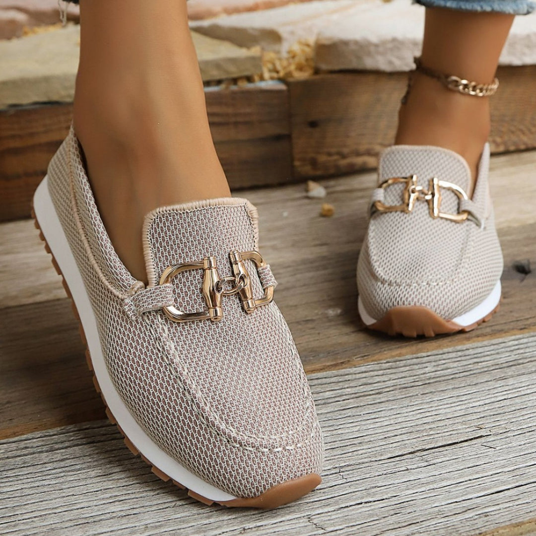 Damen Atmungsaktive Mesh-Slipper-Loafer mit goldfarbener Schnallendekor und leichter Gummisohle Drune