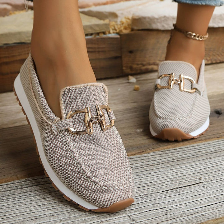 Damen Atmungsaktive Mesh-Slipper-Loafer mit goldfarbener Schnallendekor und leichter Gummisohle Drune