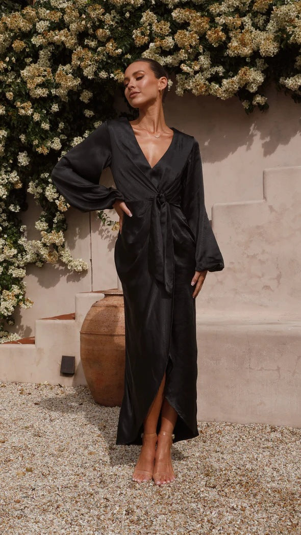 Damen Satin Wickelkleid mit elegantem V-Ausschnitt und voluminösen Ärmeln Drune