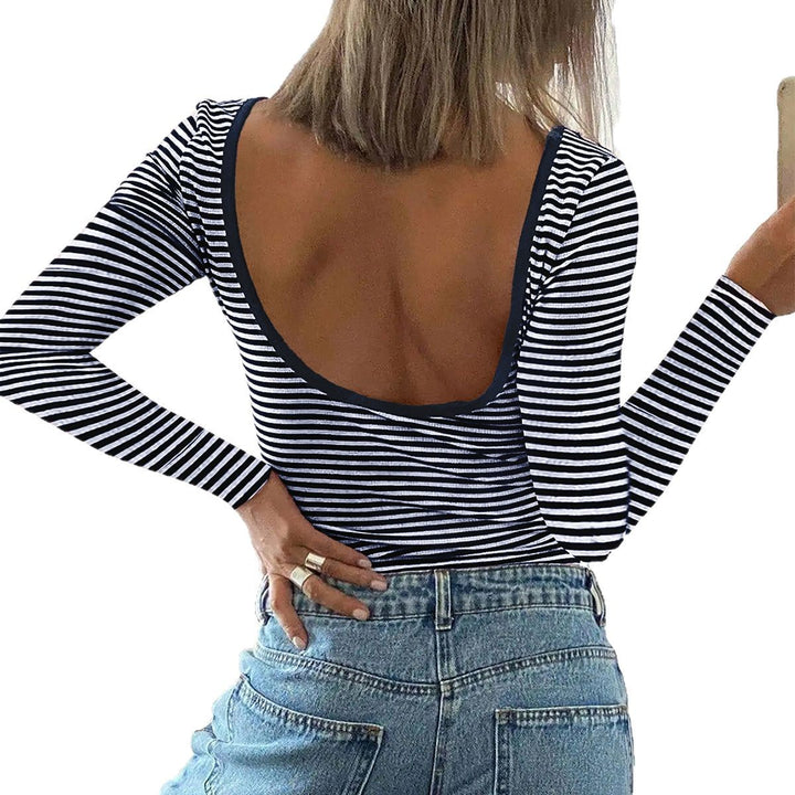 Damen Langarm-Body mit tiefem Rückenausschnitt und gestreiftem Design Drune