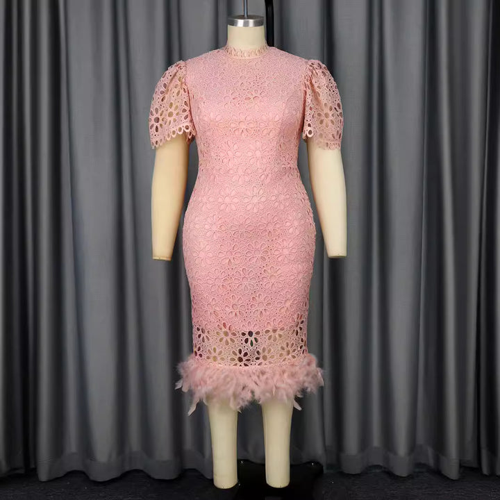 Damen Hochwertiges Spitzenkleid mit voluminösen Puffärmeln und fransigem Saum Drune