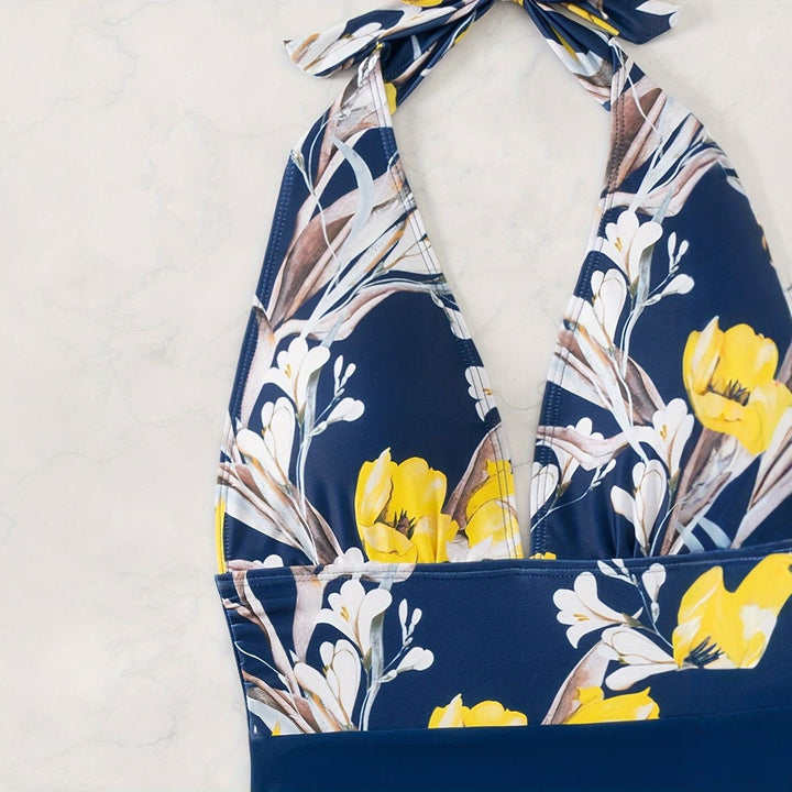 Damen Einteiliger Badeanzug mit floralem Design und Langen Bindebändern Drune