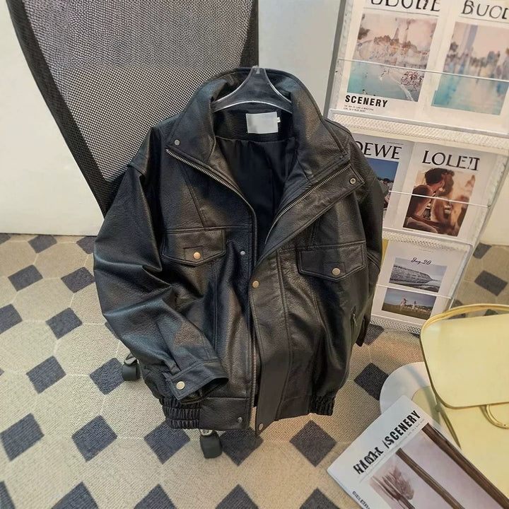 Damen Modische Kunstlederjacke mit hohem Kragen Drune