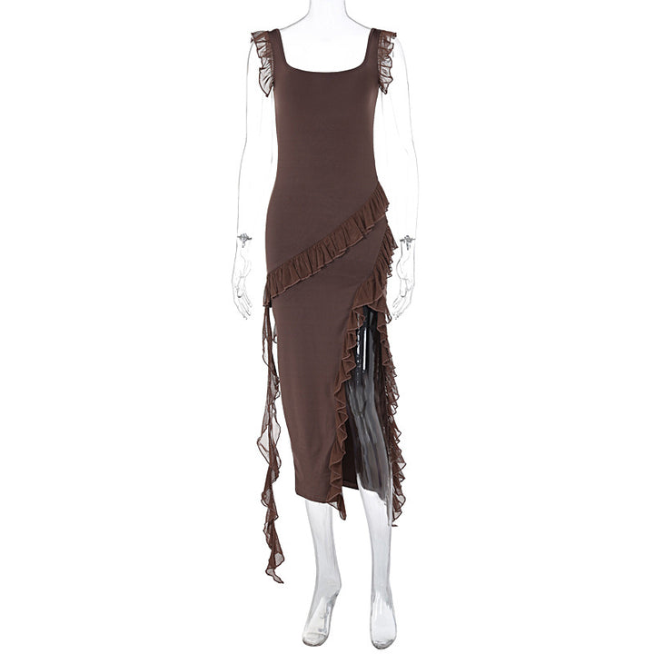 Damen asymmetrisches Maxi-Kleid mit Rüschendetails und hohem Schlitz Drune