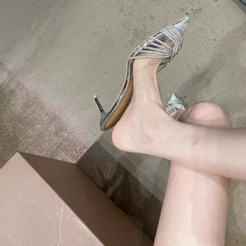 Damen Spitz zulaufende Mule‑Sandaletten mit transparenten Riemchen, Ziersteinen und geformtem Stiletto Drune