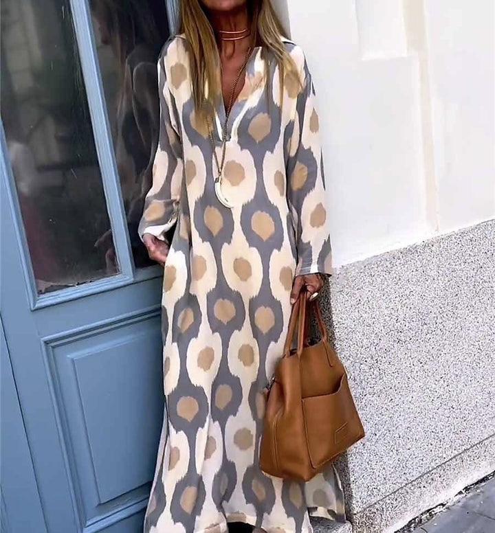 Damen Langes Boho-Maxikleid mit V-Ausschnitt, lockerem Schnitt und auffälligem Allover-Print Drune