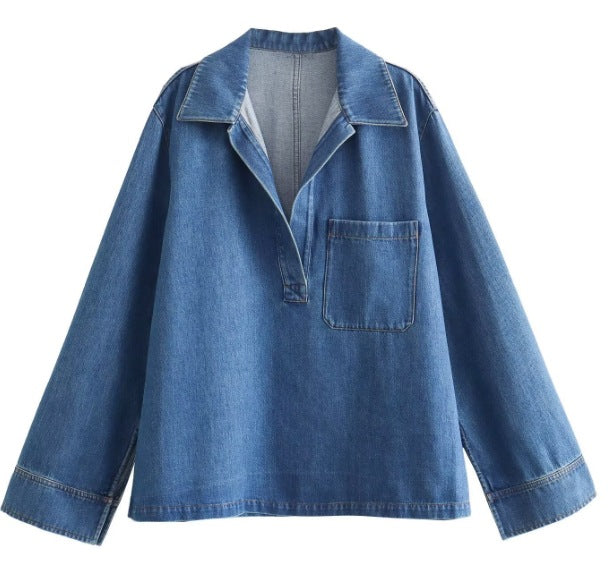 Damen 200+ Oversize Denim‑Hemdbluse mit V‑Ausschnitt und Brusttasche Drune