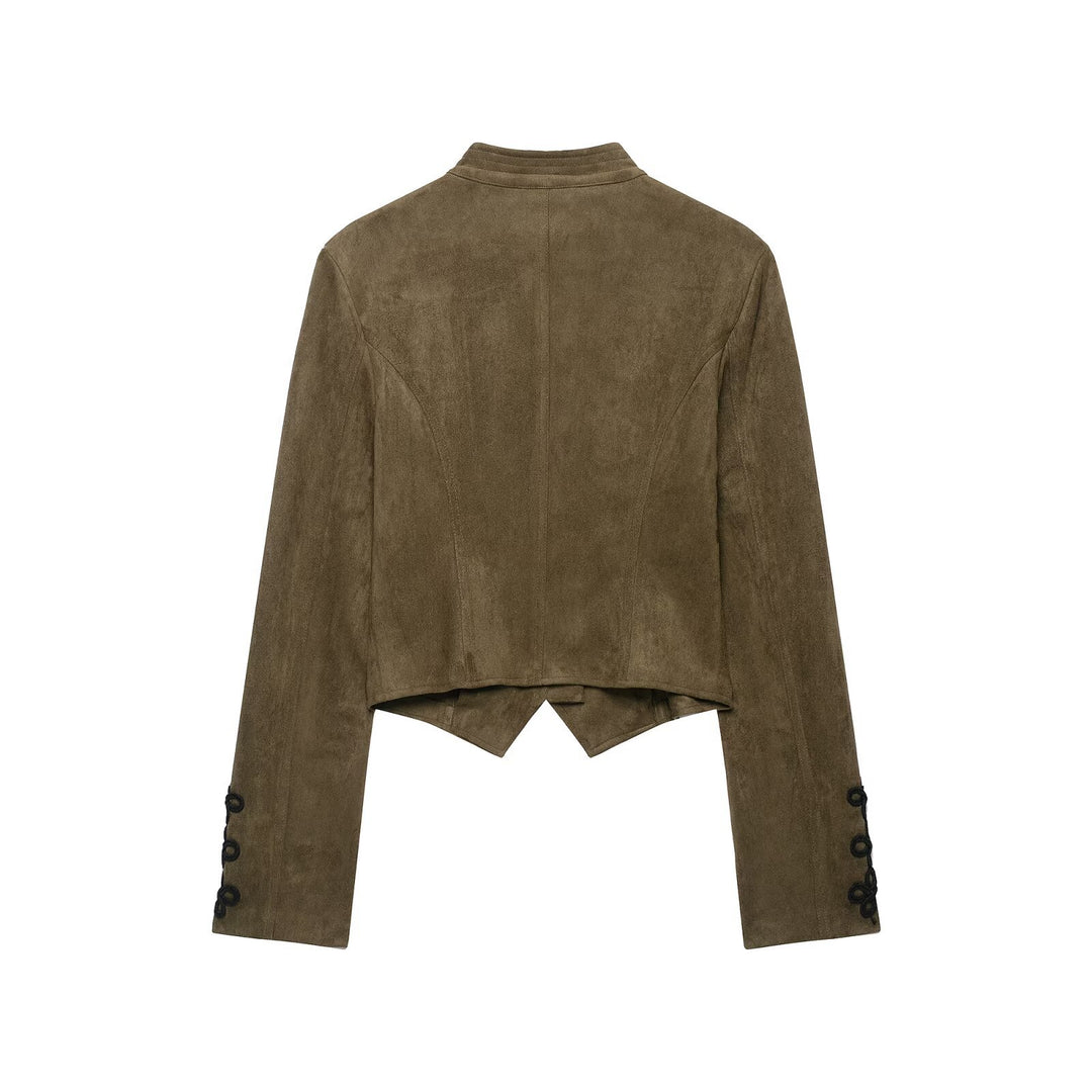 Damen Taillierter Cropped‑Veloursleder‑Blouson mit militärischer Kordelapplikation und Stehkragen Drune