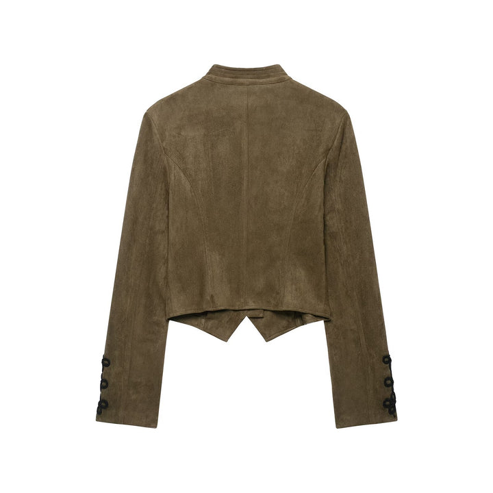 Damen Taillierter Cropped‑Veloursleder‑Blouson mit militärischer Kordelapplikation und Stehkragen Drune