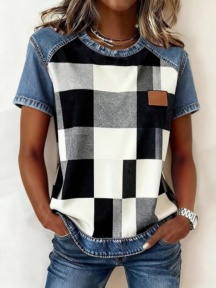 Damen Kurzarmshirt mit Jeans-Einsätzen und Teddy-Patchprint Drune