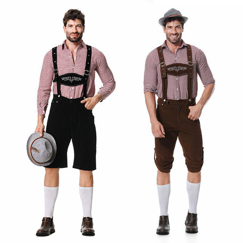 Herren nan authentische Trachten-Kniebundhose aus wildlederähnlichem Material mit verstellbaren Trägern und besticktem Brustlatz Drune