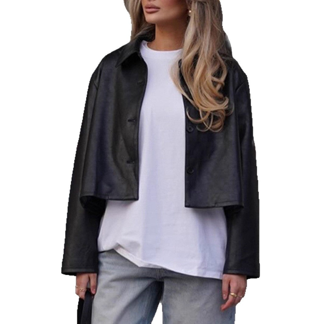 Damen Modische cropped Kunstlederjacke mit stilvollen Details Drune