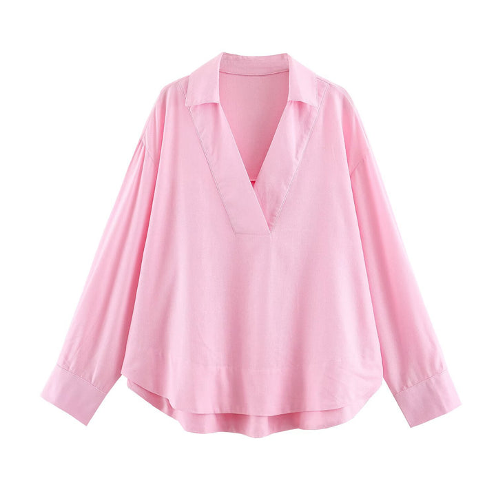 Damen Oversize Leinen-Mix Bluse mit tiefem V-Ausschnitt und Hemdkragen Drune