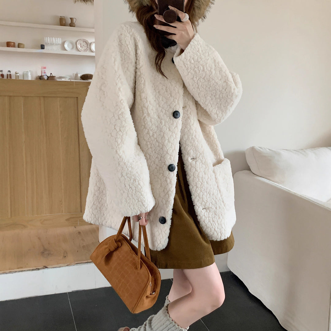 Damen Oversized Teddy‑Mantel mit Rundhals, großer Knopfleiste und aufgesetzten Taschen Drune