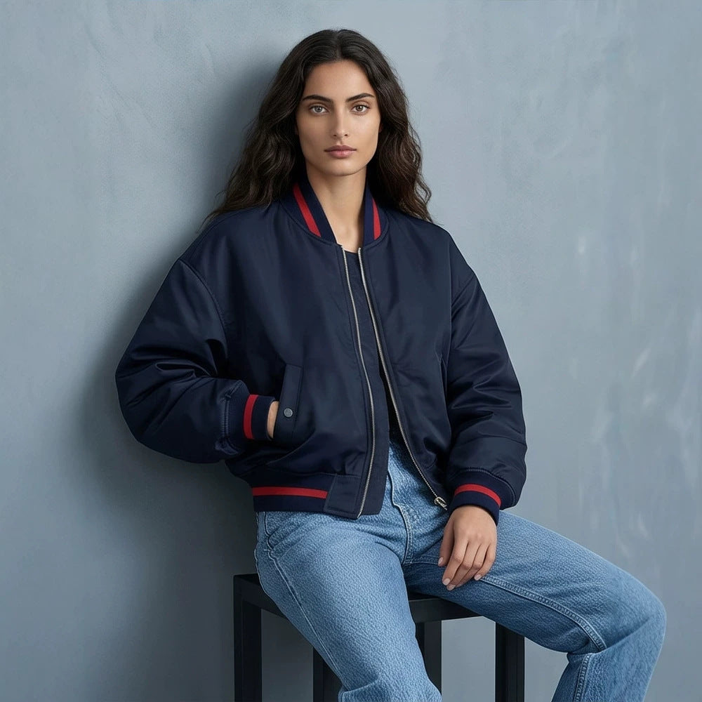 Damen Kurz geschnittene Oversize Bomberjacke mit voluminösen Ärmeln und Rippenbündchen Drune