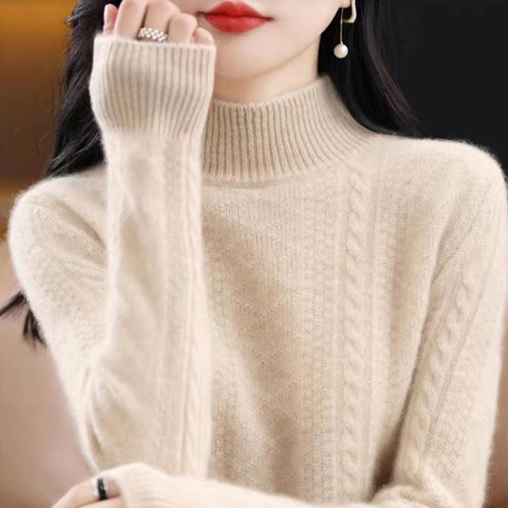 Damen Weicher Mohair‑Optik Mockneck‑Pullover mit Zopfmotiv und feinem Rippkragen Drune