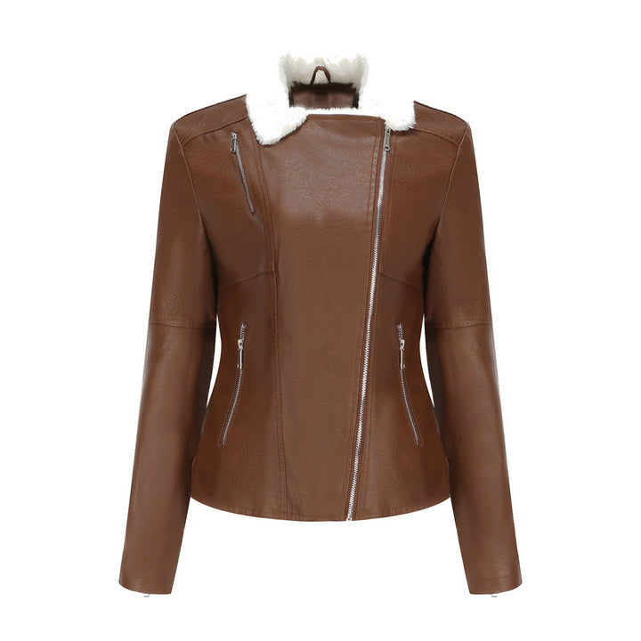 Damen nan taillierte Kunstleder-Bikerjacke mit abnehmbarem Kunstfellkragen und schrägem Reißverschluss Drune