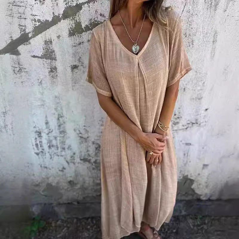 Damen Leichtes Sommerkleid mit V-Ausschnitt und weiten Ärmeln Drune