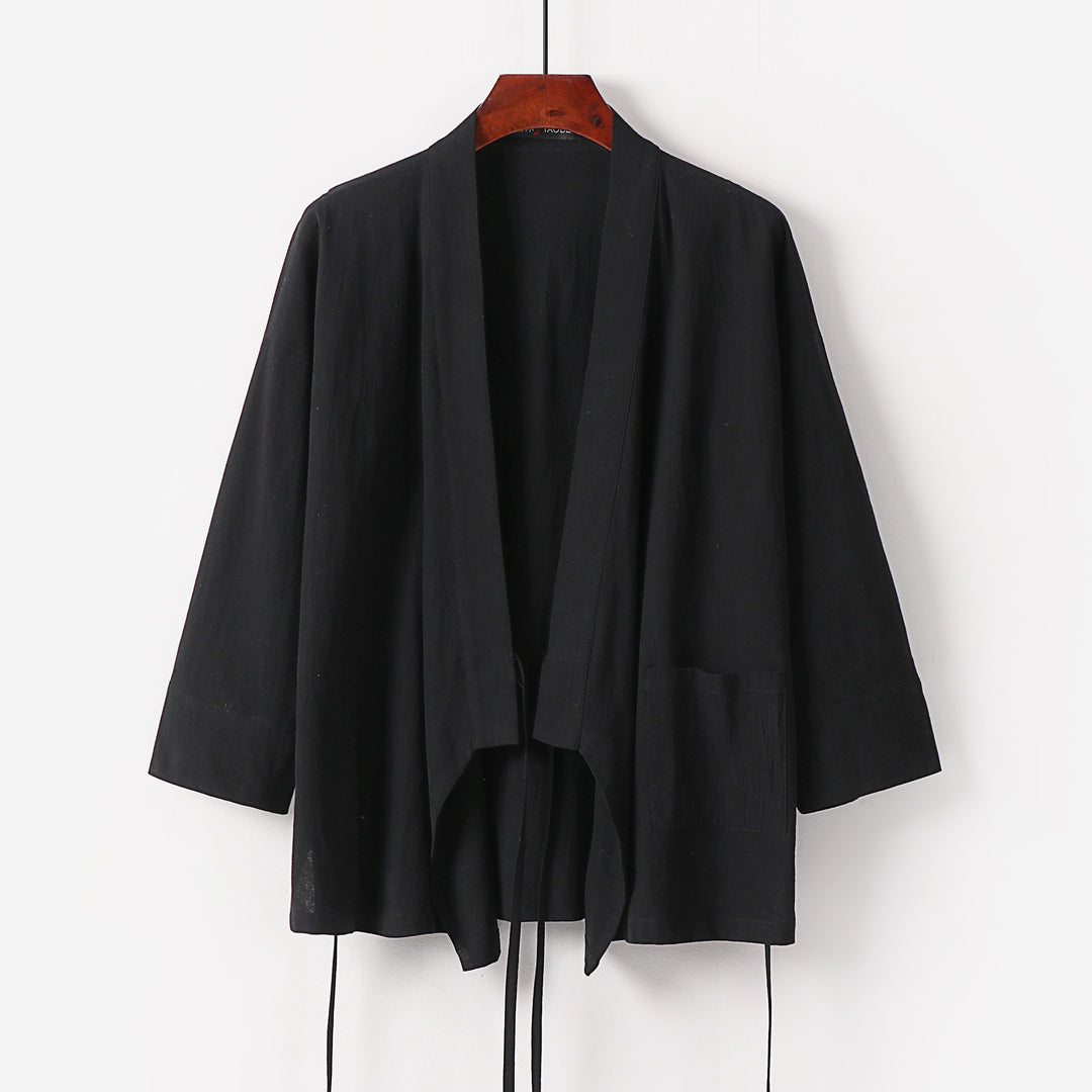 Damen Kimono-Cardigan aus Baumwoll-Leinen mit dreiviertelärmeln Bindegürtel und aufgesetzten Taschen Drune