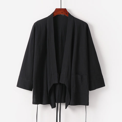 Damen Kimono-Cardigan aus Baumwoll-Leinen mit dreiviertelärmeln Bindegürtel und aufgesetzten Taschen Drune