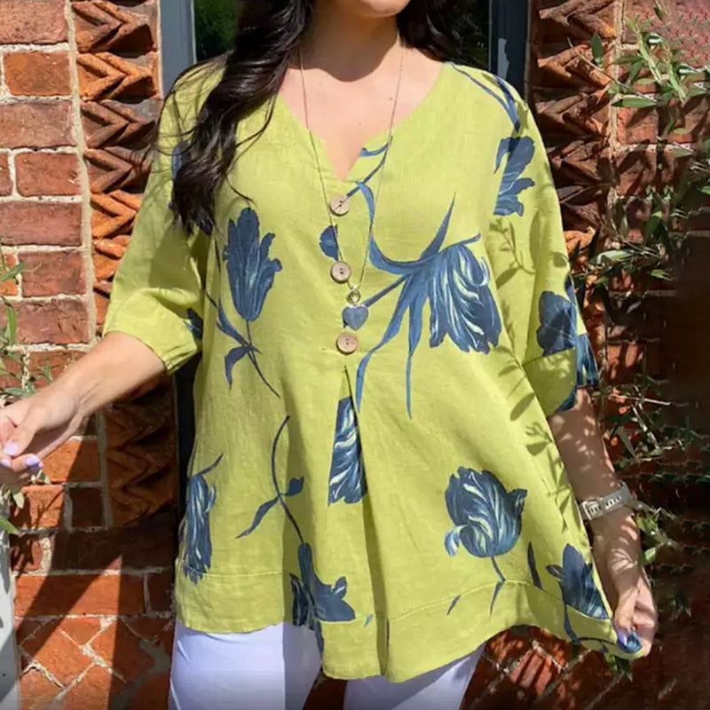 Frauen Locker V-Ausschnitt Bluse Top mit großem floralem Tulpenmuster und Knopfleiste Drune