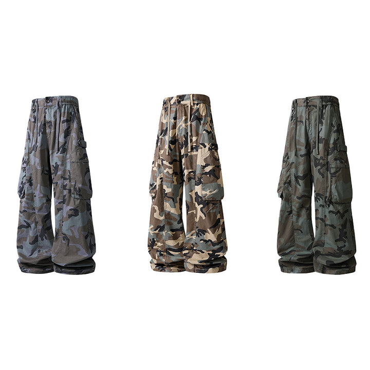 Herren Weite Cargohose im Camouflage-Military-Look mit elastischem Tunnelzugbund und Multifunktionstaschen Drune
