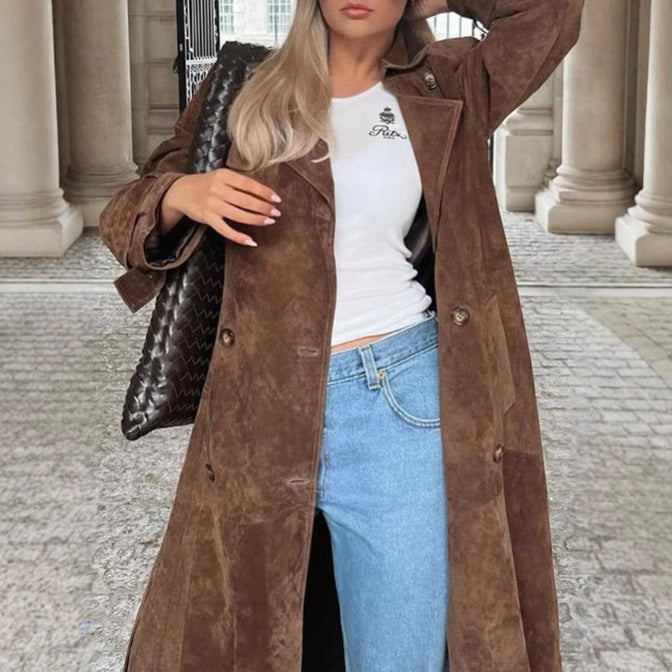 Damen eleganter und taillierter Wildleder-Trenchcoat mit Gürtel Drune